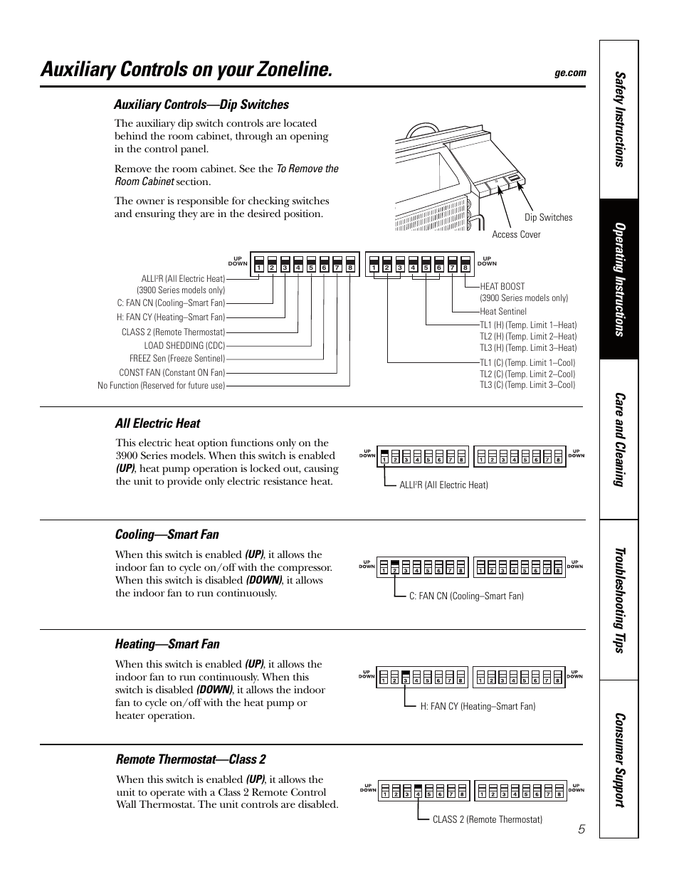 Auxiliary controls, Auxiliary controls –8, Auxiliary controls on your zoneline | Auxiliary controls—dip switches, Cooling—smart fan, Heating—smart fan, Remote thermostat—class 2 | GE Zoneline TINSEA530JBRZ User Manual | Page 5 / 24