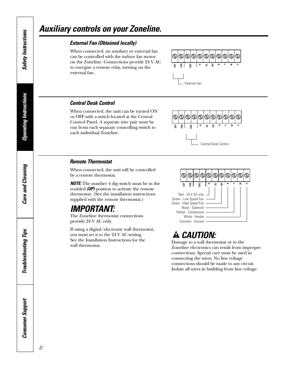 Auxiliary controls on your zoneline, Important, Caution | GE Zoneline TINSEA530JBRZ User Manual | Page 8 / 24