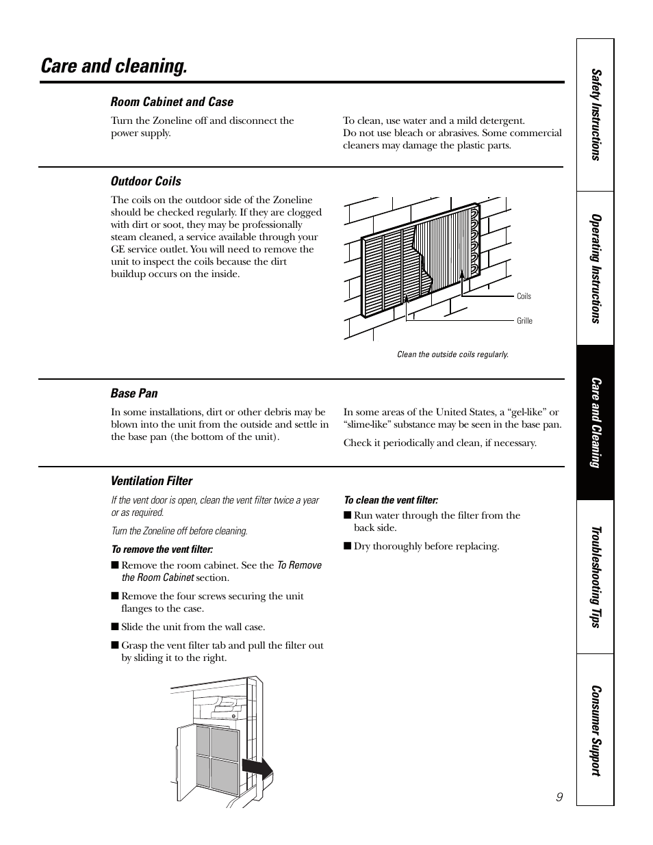 Base pan, Outdoor coils, Room cabinet and case | Vent filter, Care and cleaning | GE Zoneline TINSEA530JBRZ User Manual | Page 9 / 24