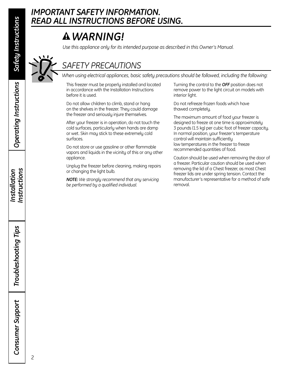 Safety information, Warning, Safety precautions | GE FUM21  EU User Manual | Page 2 / 60