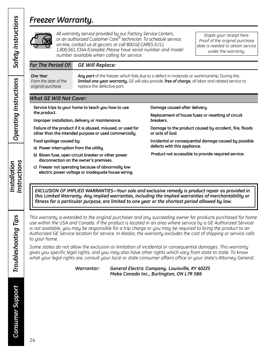 Warranty, Freezer warranty | GE FUM21  EU User Manual | Page 24 / 60