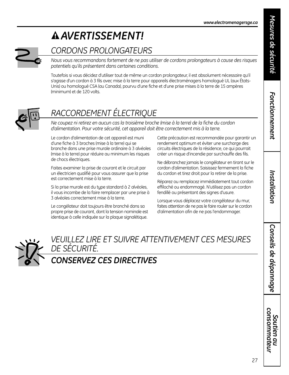 Avertissement, Cordons prolongateurs, Raccordement électrique | GE FUM21  EU User Manual | Page 27 / 60