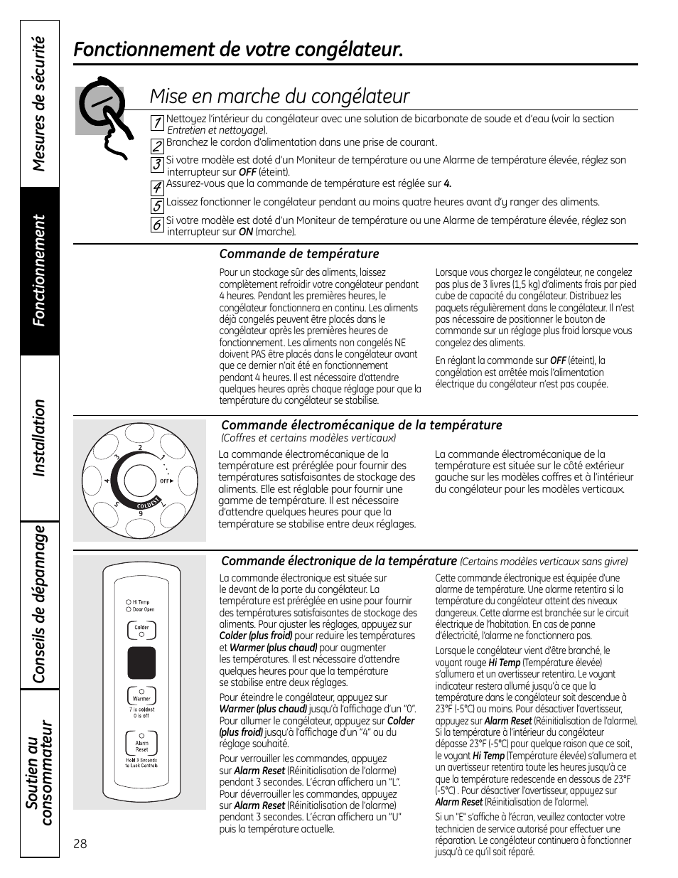 Caractéristiques, Mise en marche du congélateur, Caractéristiques –31 | GE FUM21  EU User Manual | Page 28 / 60