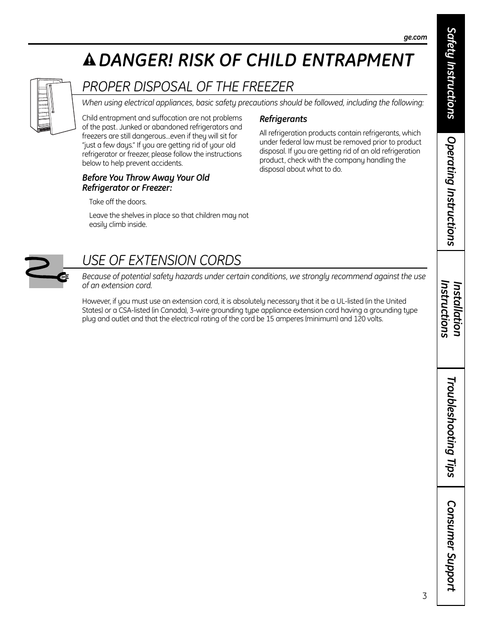 Danger! risk of child entrapment, Use of extension cords, Proper disposal of the freezer | GE FUM21  EU User Manual | Page 3 / 60