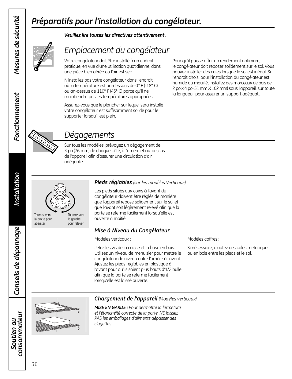 Préparatifs pour l’installation du congélateur, Emplacement du congélateur, Dégagements | GE FUM21  EU User Manual | Page 36 / 60