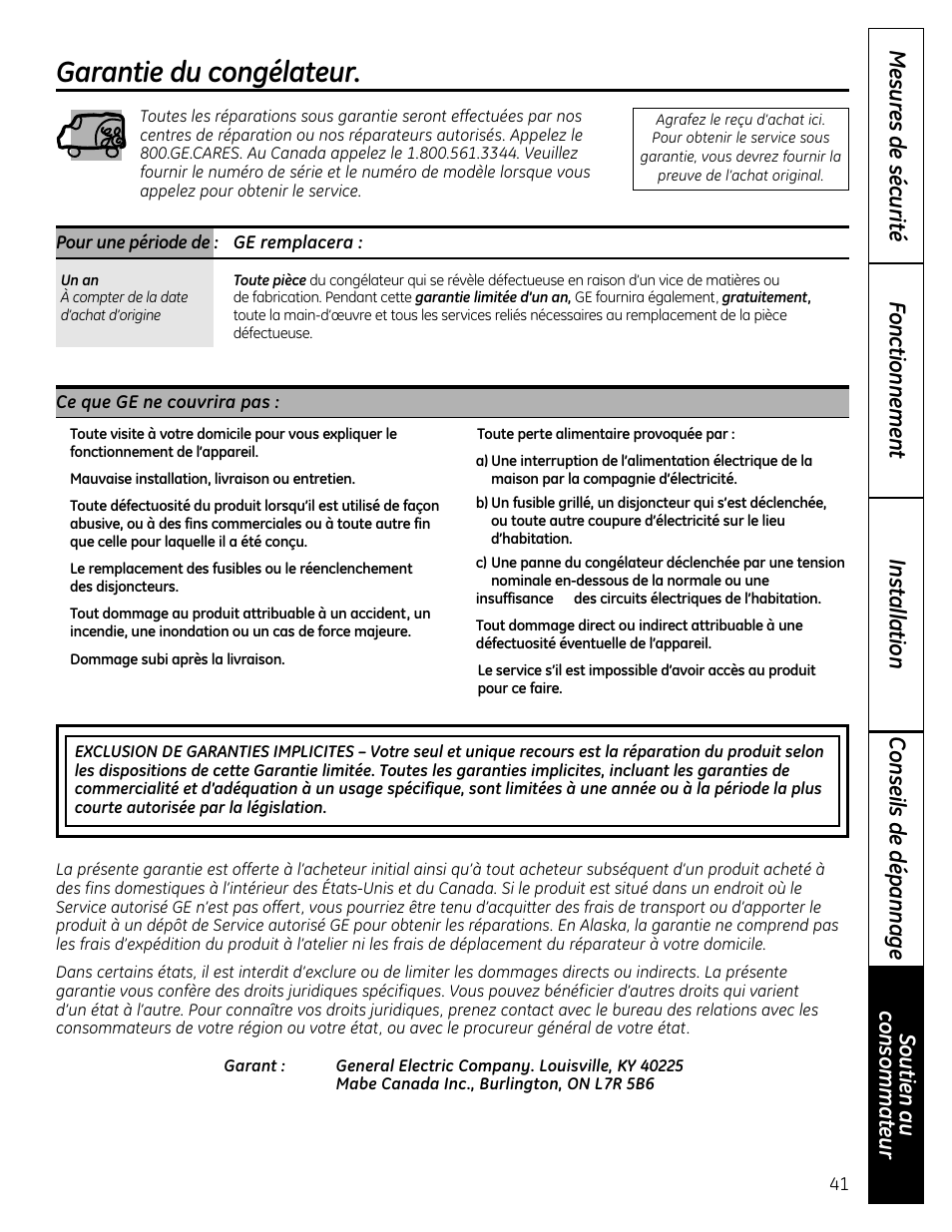 Garantie, Garantie du congélateur | GE FUM21  EU User Manual | Page 41 / 60