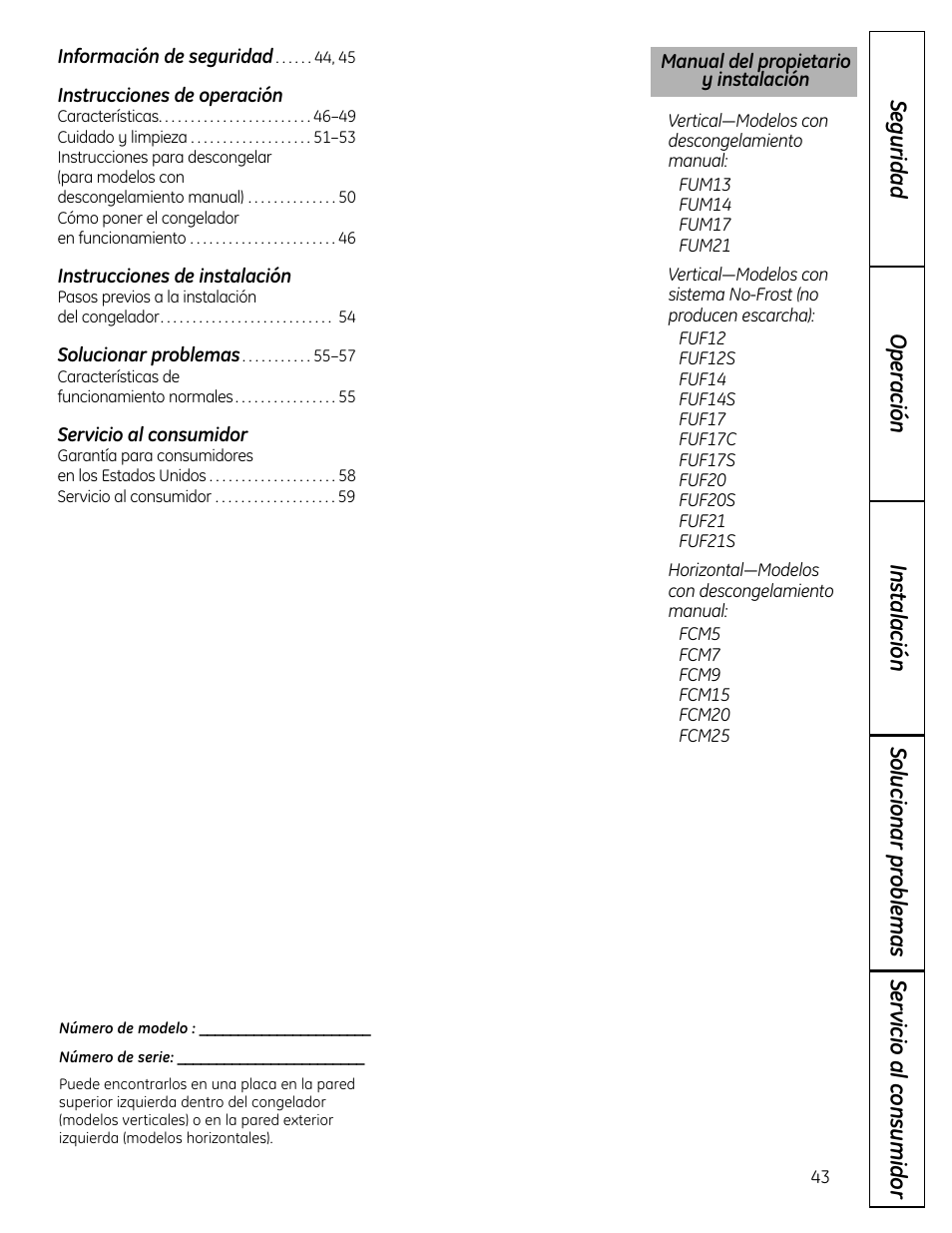 Spanish, Instrucciones de operación, Instrucciones de instalación | Servicio al consumidor | GE FUM21  EU User Manual | Page 43 / 60