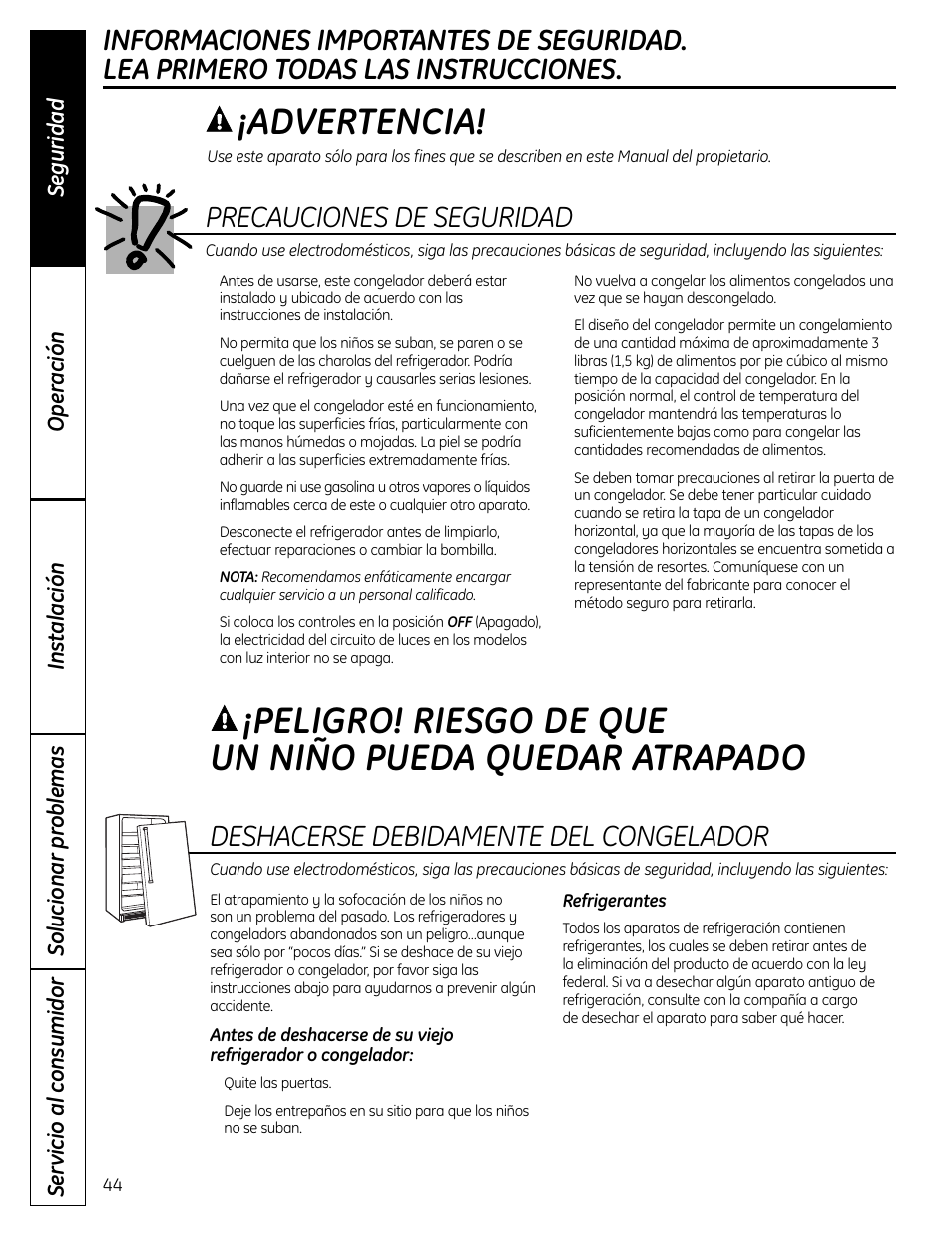 Información de seguridad, Advertencia, Precauciones de seguridad | Deshacerse debidamente del congelador | GE FUM21  EU User Manual | Page 44 / 60