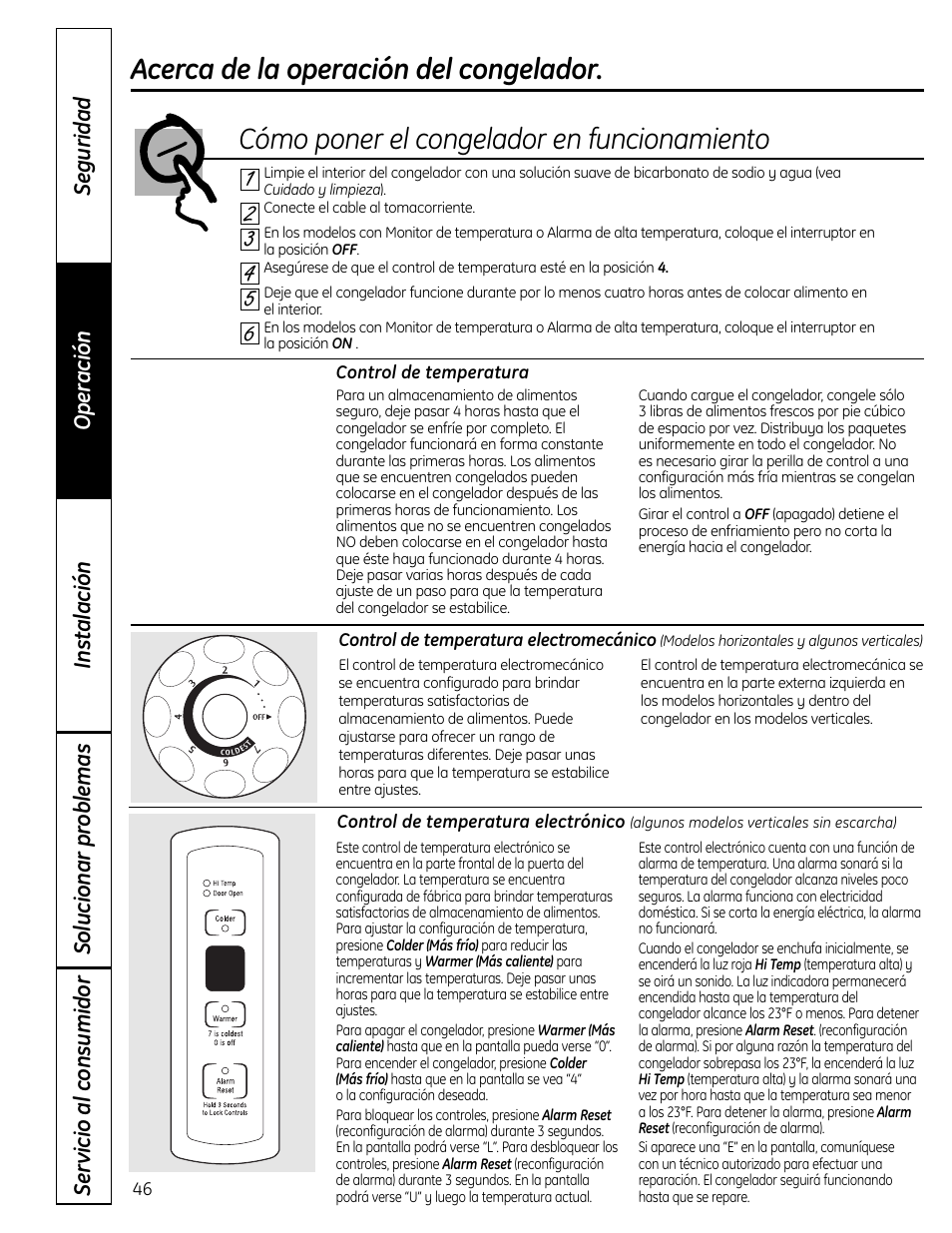 Características, Cómo poner el congeladoren funcionamiento, Características –49 | Cómo poner el congelador en funcionamiento | GE FUM21  EU User Manual | Page 46 / 60
