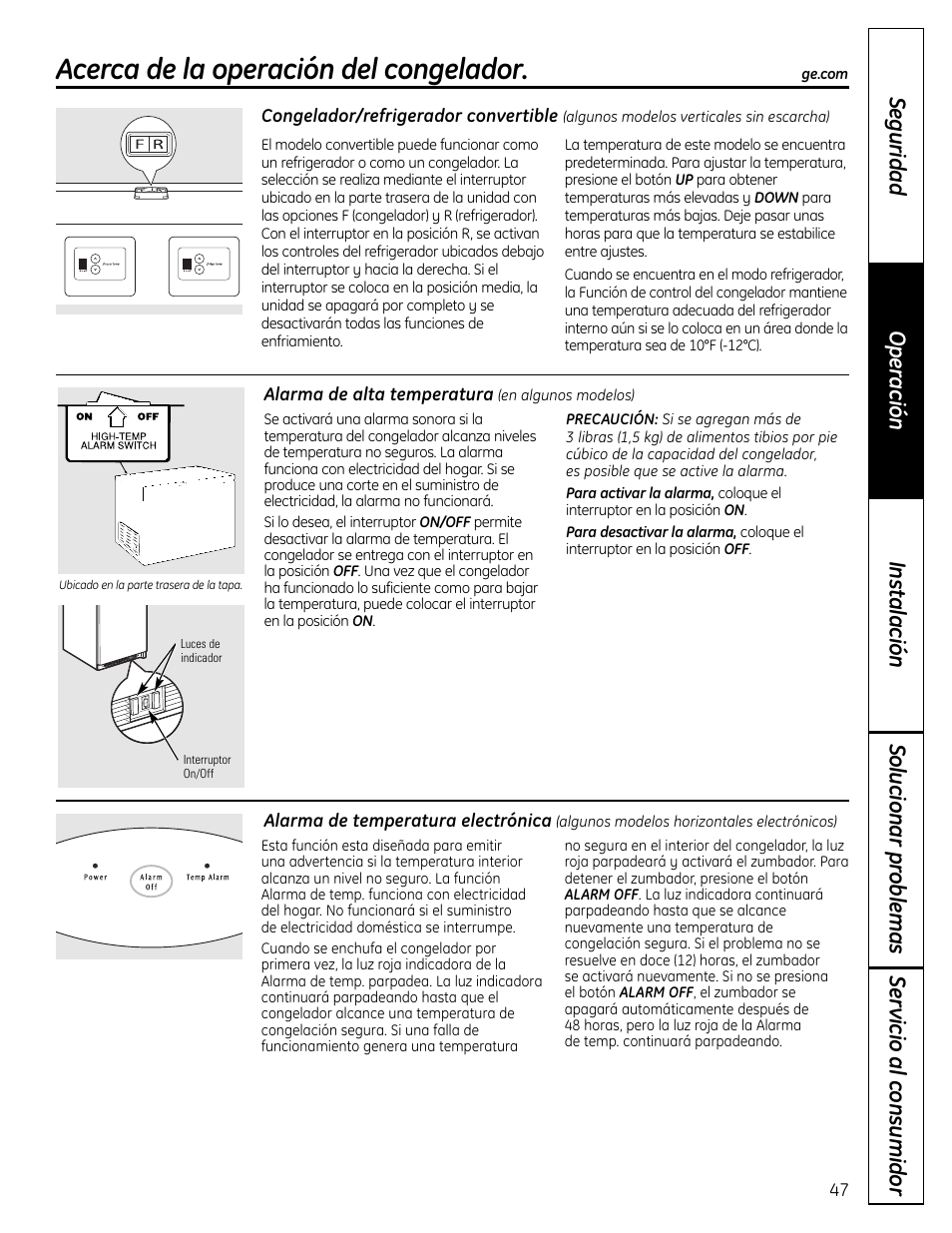 Acerca de la operación del congelador | GE FUM21  EU User Manual | Page 47 / 60
