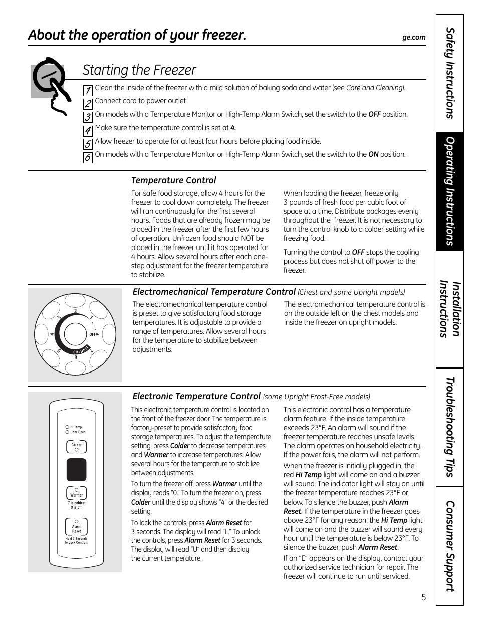 Starting the freezer, About the operation of your freezer | GE FUM21  EU User Manual | Page 5 / 60