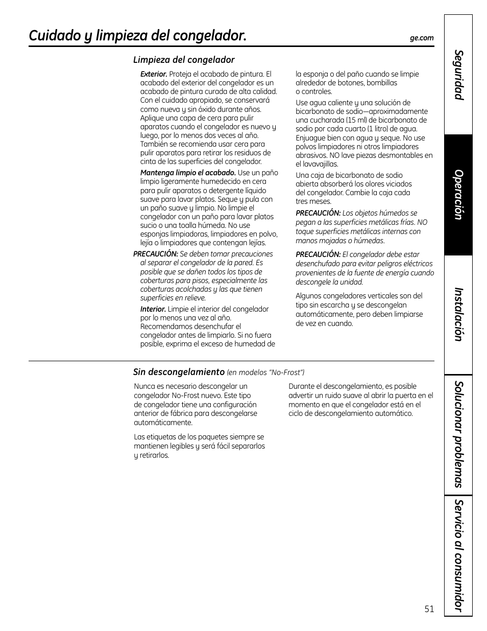 Cuidado y limpieza, Cuidado y limpieza –53, Cuidado y limpieza del congelador | GE FUM21  EU User Manual | Page 51 / 60