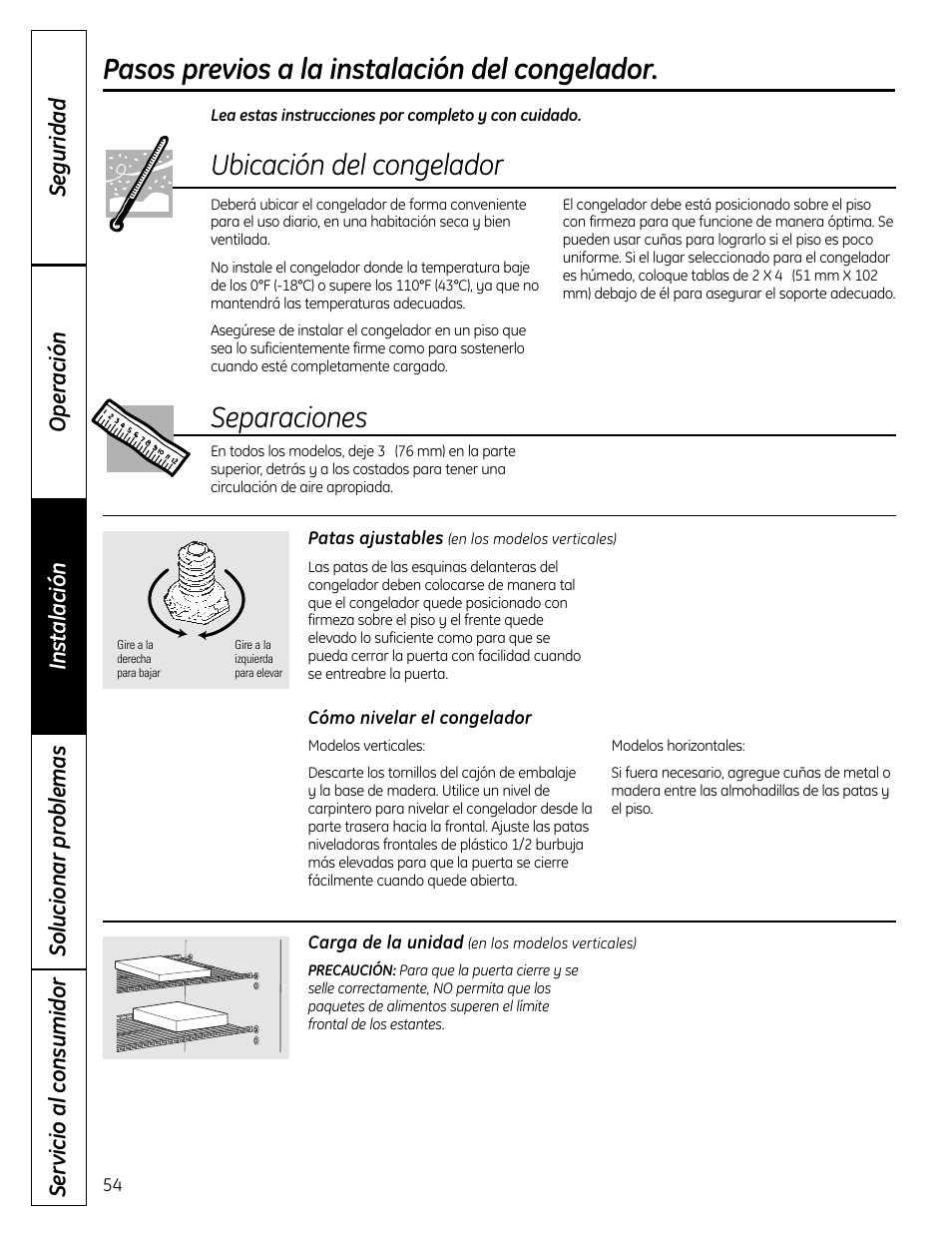 Pasos previos a la instalacióndel congelador, Pasos previos a la instalación del congelador, Ubicación del congelador | Separaciones | GE FUM21  EU User Manual | Page 54 / 60