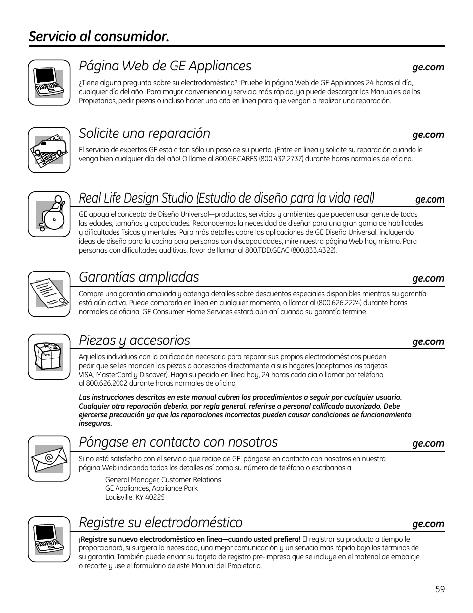 Servicio al consumidor, Solicite una reparación, Garantías ampliadas | Piezas y accesorios, Póngase en contacto con nosotros, Registre su electrodoméstico | GE FUM21  EU User Manual | Page 59 / 60