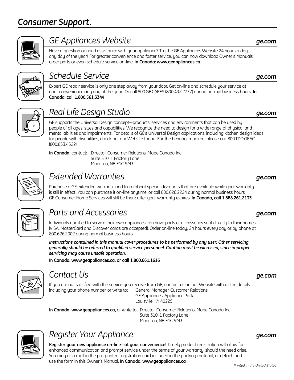 Consumer support, Consumer support . . . . . . . . . back cover, Consumer support. ge appliances website | Schedule service, Real life design studio, Extended warranties, Parts and accessories, Contact us, Register your appliance | GE FUM21  EU User Manual | Page 60 / 60