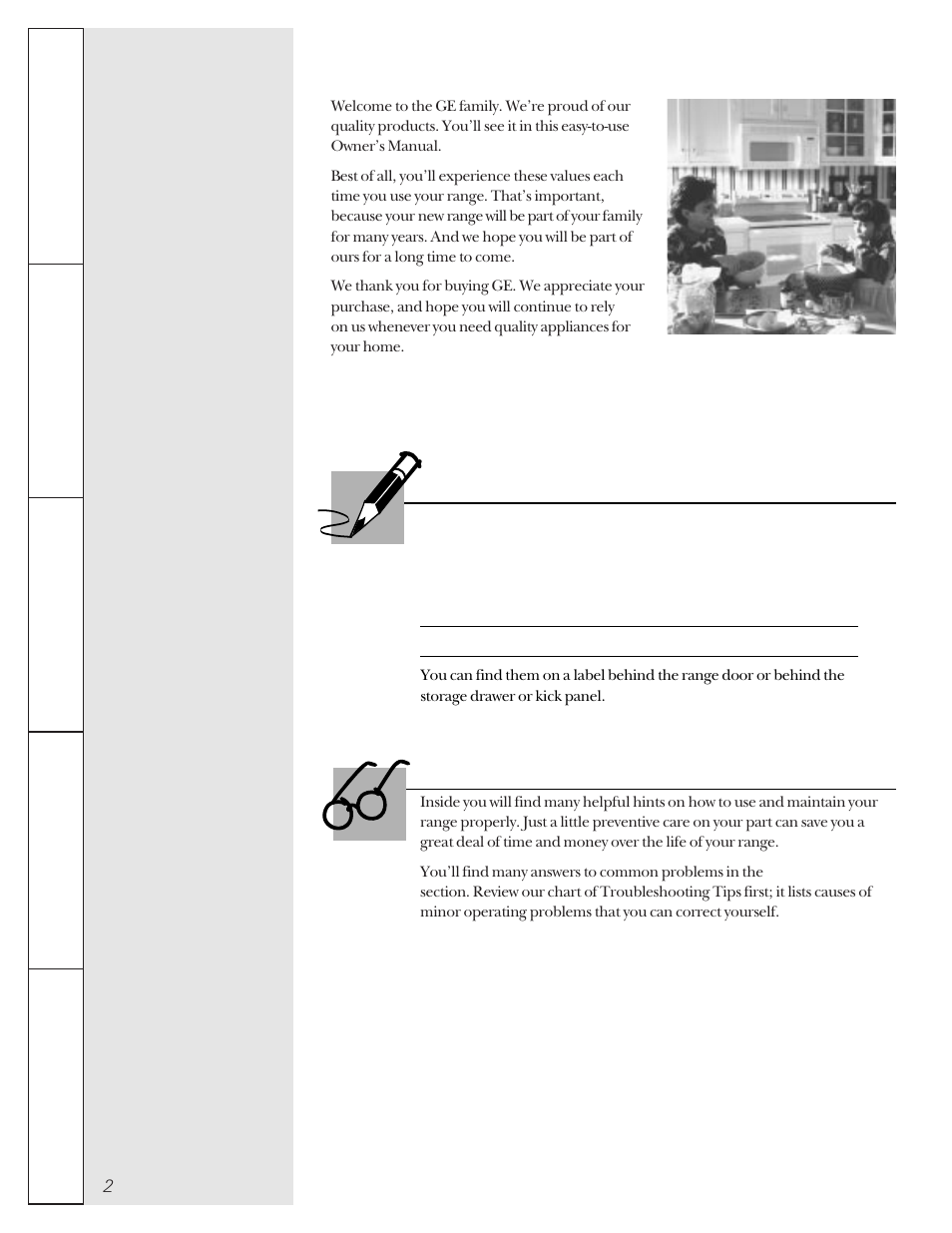 Safety information, Operating instructions, Care and cleaning | Installation instructions, Troubleshooting tips, Ge & you, a partnership, Read this manual, For your records | GE 49-8830-1A User Manual | Page 2 / 35