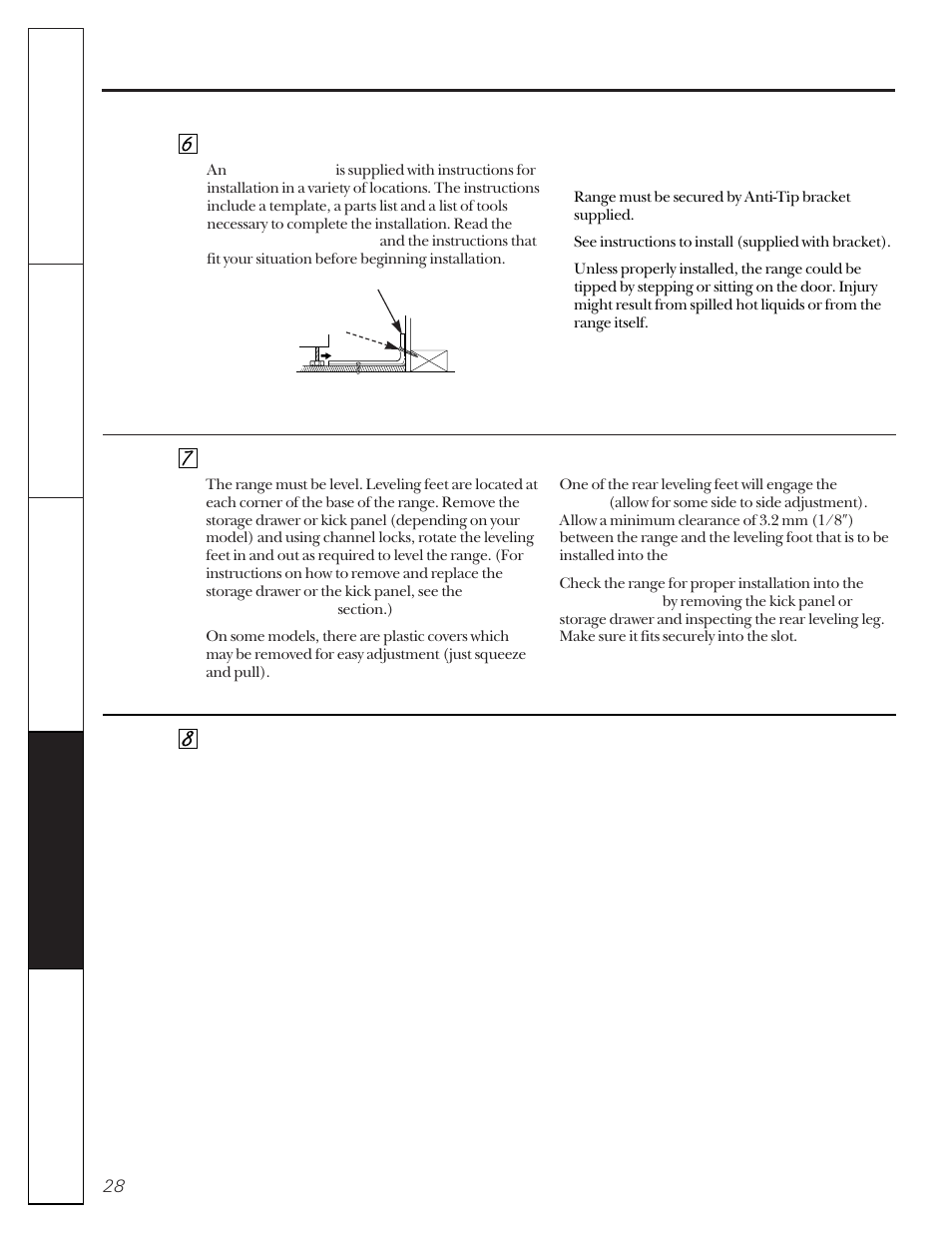 Leveling the range, Anti-tip bracket leveling the range, International installation instructions | GE 49-8830-1A User Manual | Page 28 / 35
