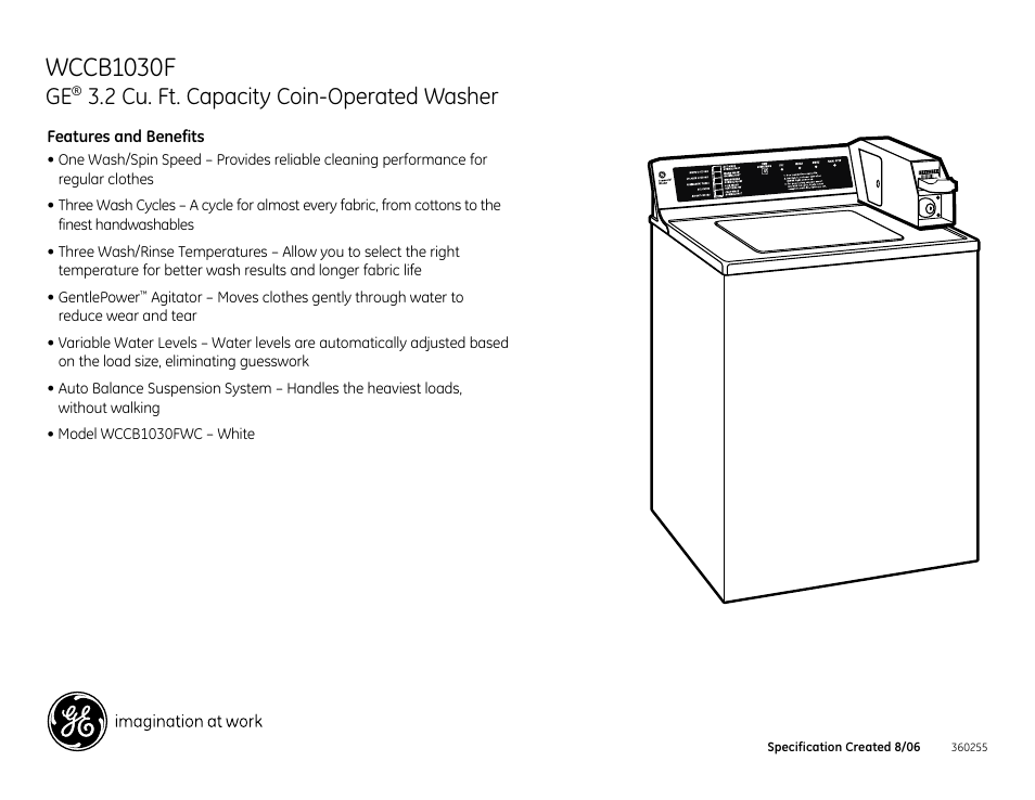 Wccb1030f, 2 cu. ft. capacity coin-operated washer | GE Profile WCCB1030FWC User Manual | Page 2 / 2