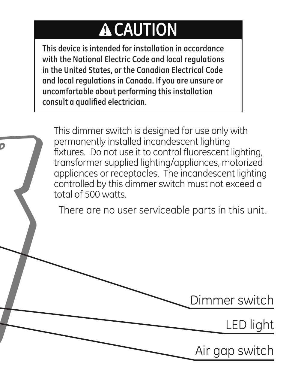 Caution, Dimmer switch led light air gap switch | GE 45606 User Manual | Page 3 / 20
