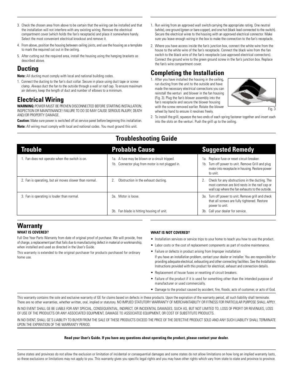 Silent bath fan user’s guide, Bf100s, Mounting the housing: new construction | Mounting the housing: existing construction, Ducting, Electrical wiring, Completing the installation, Troubleshooting guide warranty, Trouble probable cause suggested remedy, Item stock number(s): bf100s | GE BF100S User Manual | Page 2 / 2