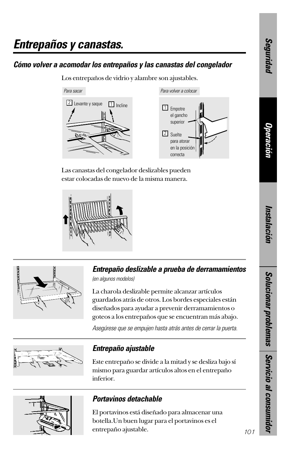 Entrepaños y canastas, Portavinos detachable, Entrepaño ajustable | GE 28 User Manual | Page 101 / 136