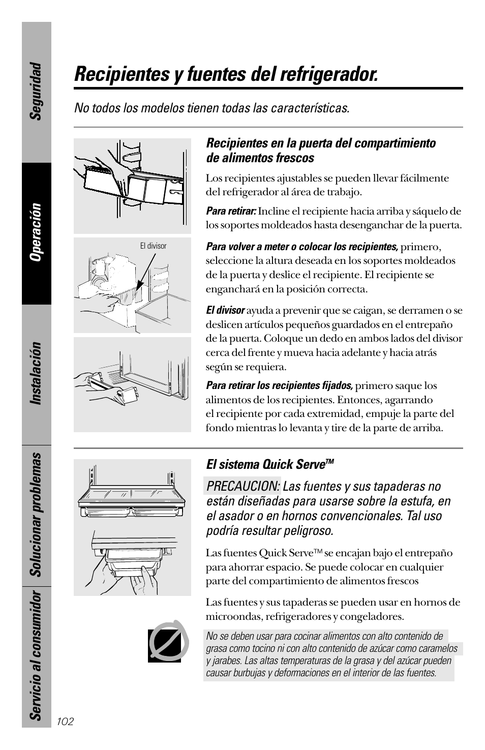 Recipientes y fuentes del refrigerador | GE 28 User Manual | Page 102 / 136