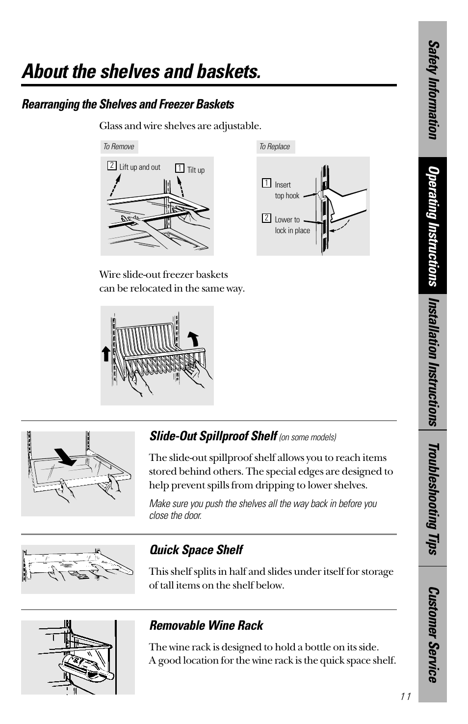 About the shelves and baskets, Removable wine rack, Quick space shelf | GE 28 User Manual | Page 11 / 136