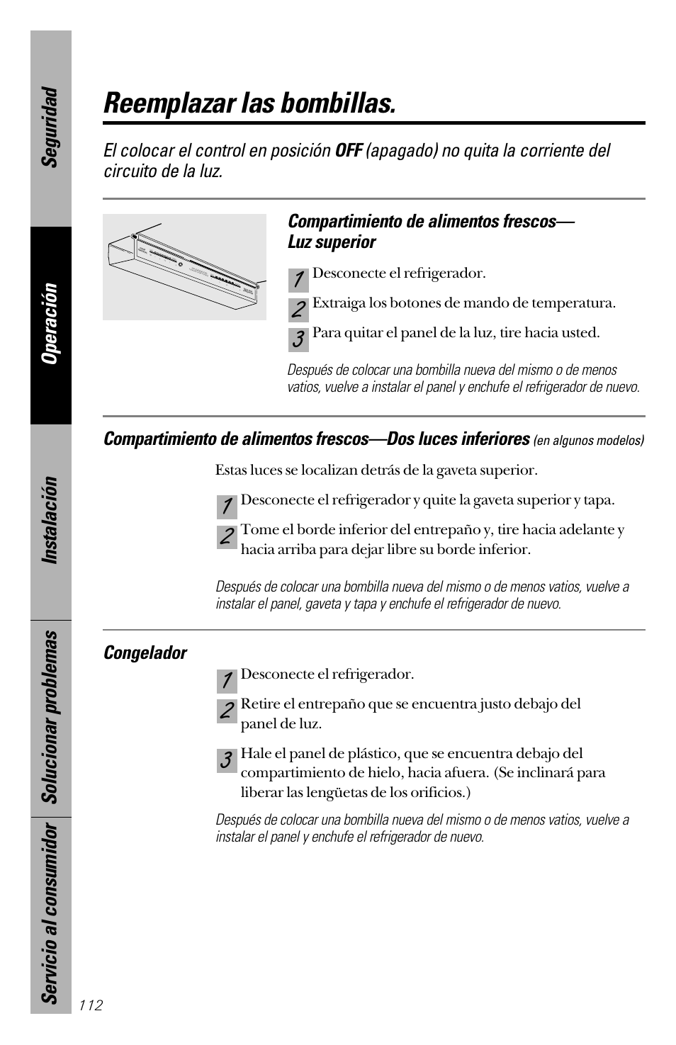 Reemplazar las bombillas, Congelador | GE 28 User Manual | Page 112 / 136