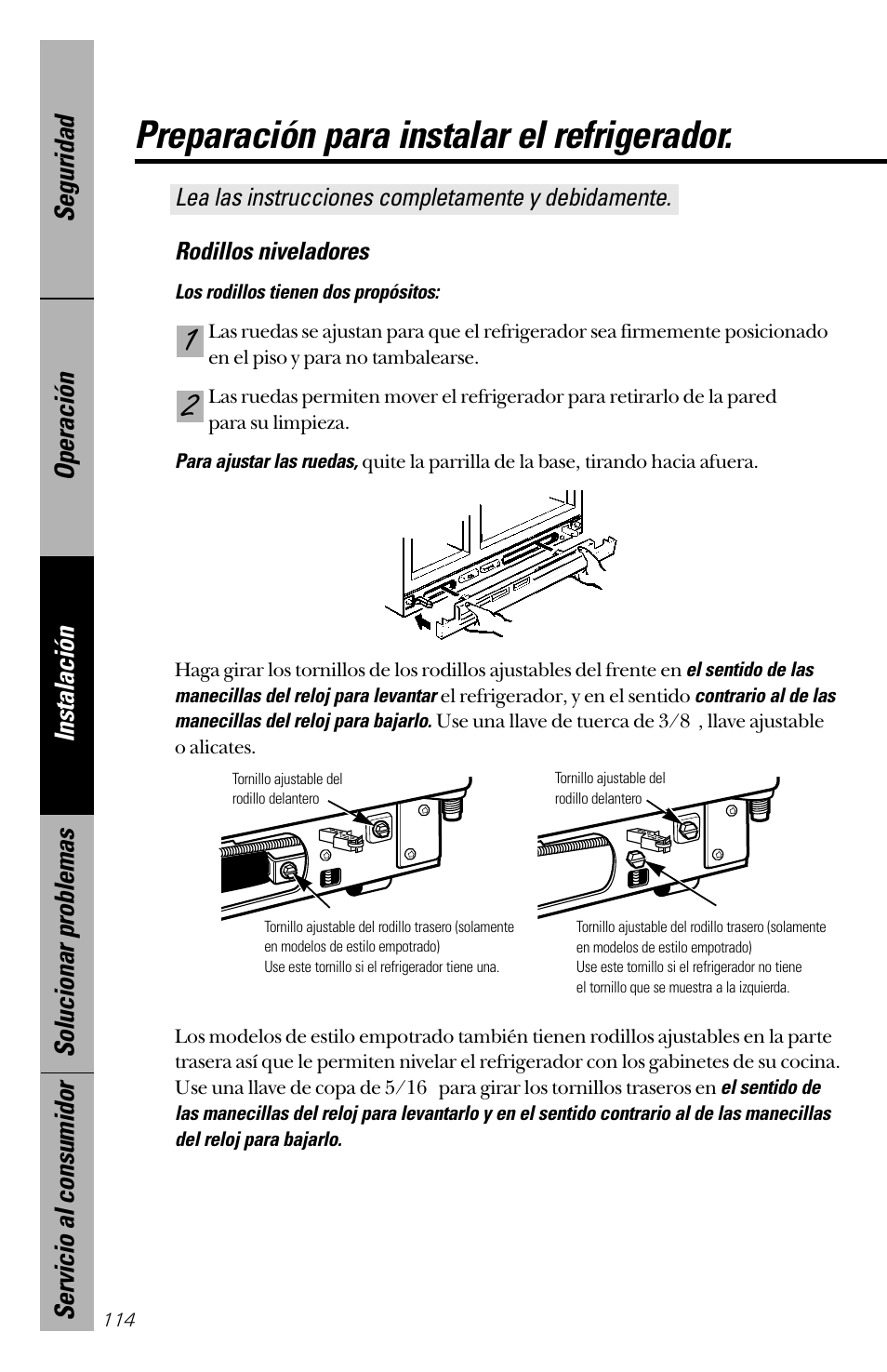 Preparación para instalar el refrigerador | GE 28 User Manual | Page 114 / 136
