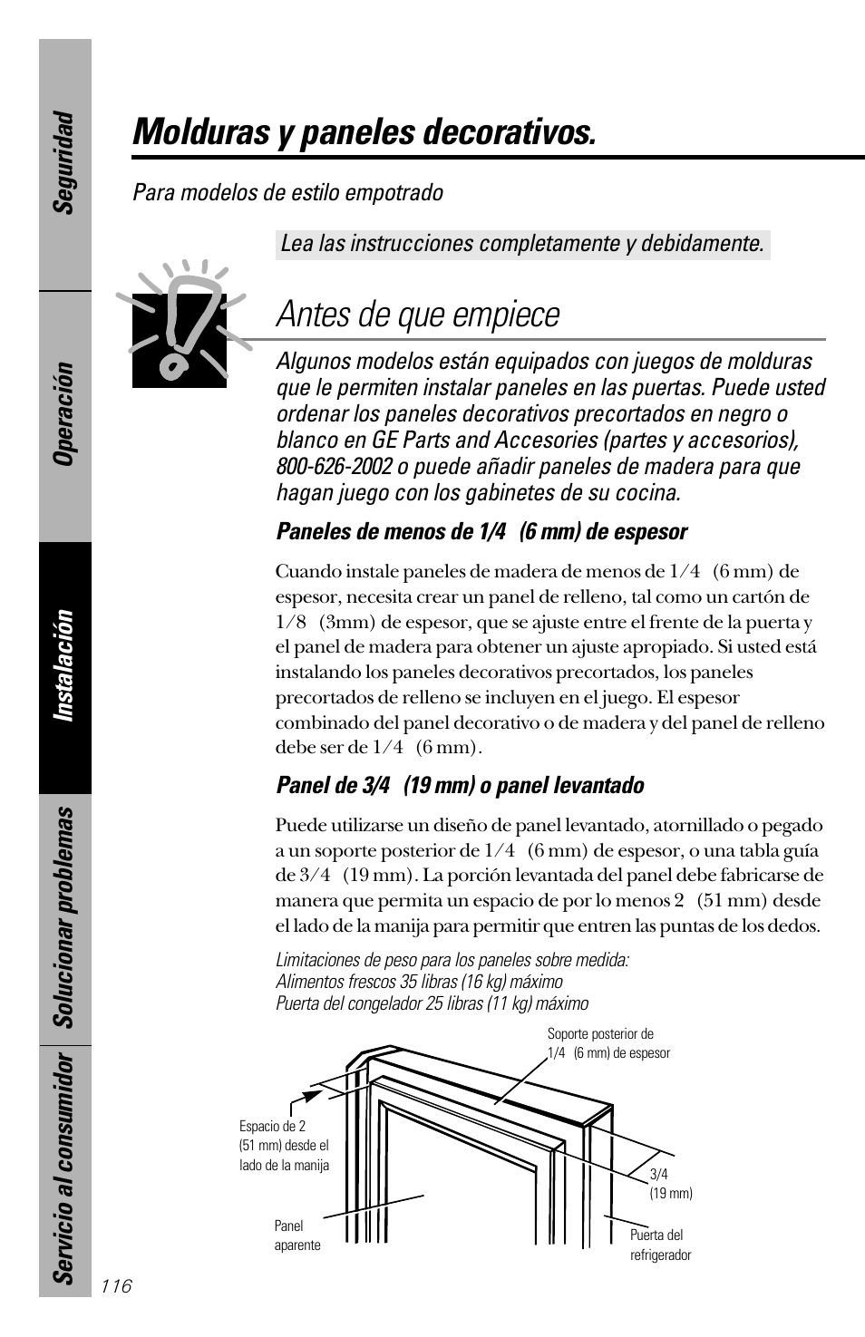 Molduras y paneles decorativos, Antes de que empiece, Lea las instrucciones completamente y debidamente | Panel de 3/4 ″ (19 mm) o panel levantado, Para modelos de estilo empotrado | GE 28 User Manual | Page 116 / 136