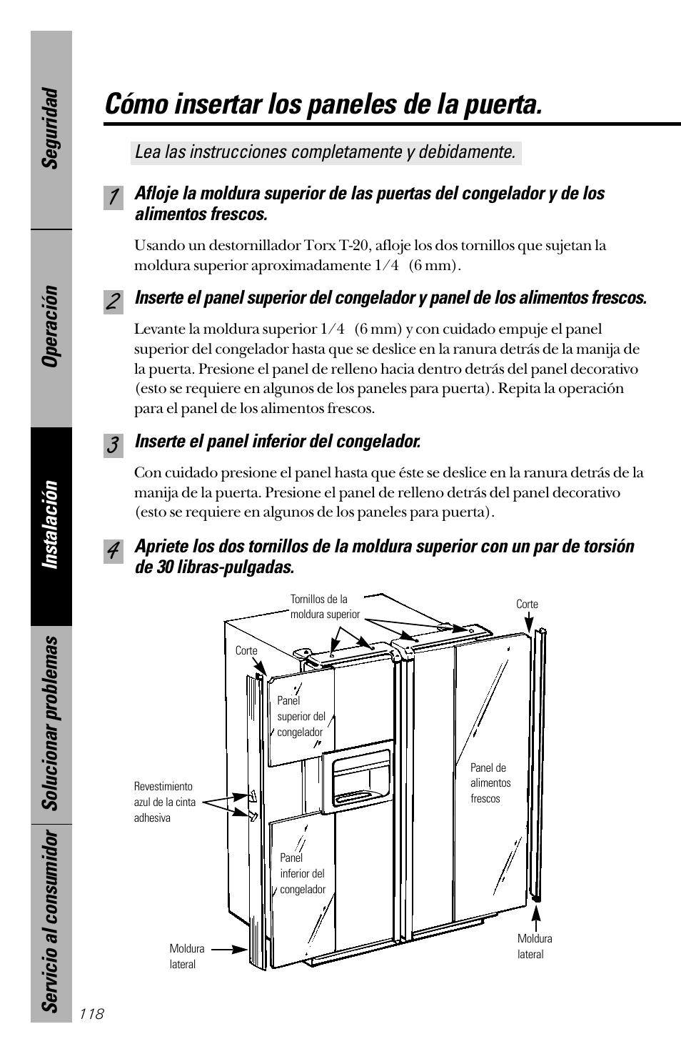 Cómo insertar los paneles de la puerta | GE 28 User Manual | Page 118 / 136