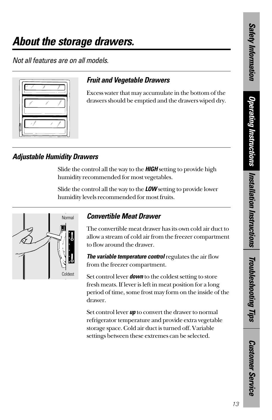 About the storage drawers, Convertible meat drawer, Adjustable humidity drawers | GE 28 User Manual | Page 13 / 136