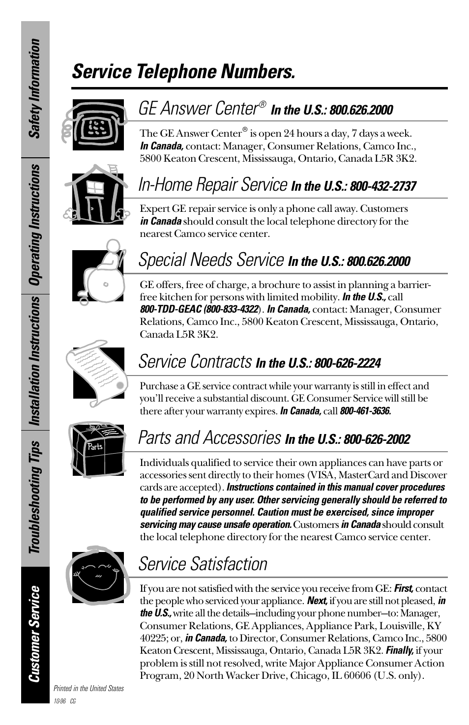 Service telephone numbers, Ge answer center, In-home repair service | Special needs service, Service contracts, Parts and accessories, Service satisfaction | GE 28 User Manual | Page 136 / 136