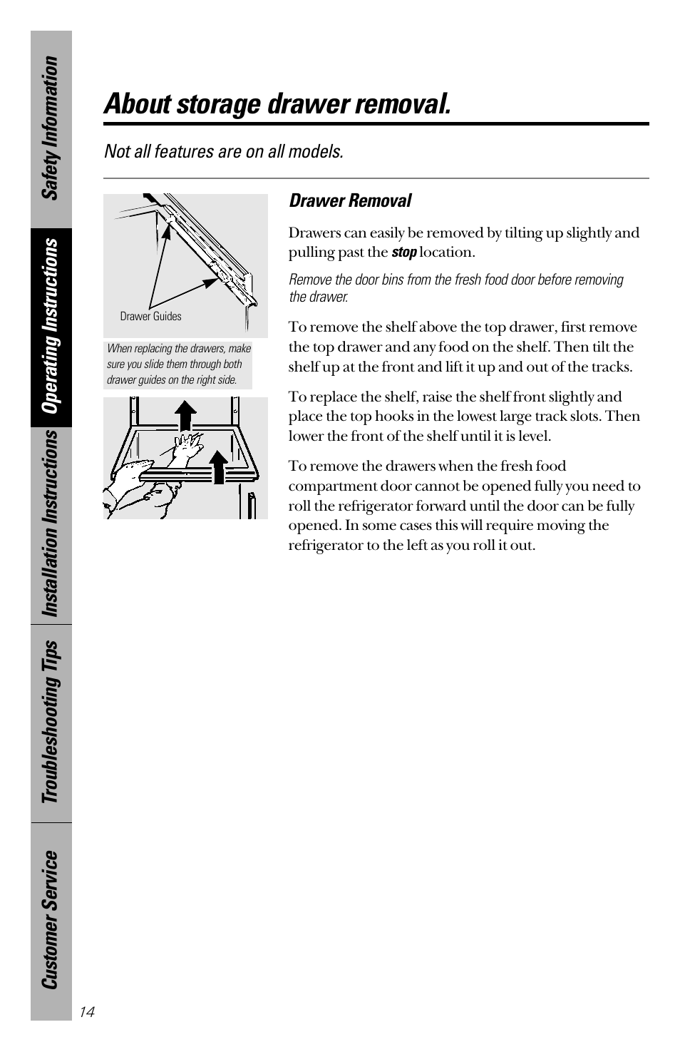About storage drawer removal | GE 28 User Manual | Page 14 / 136