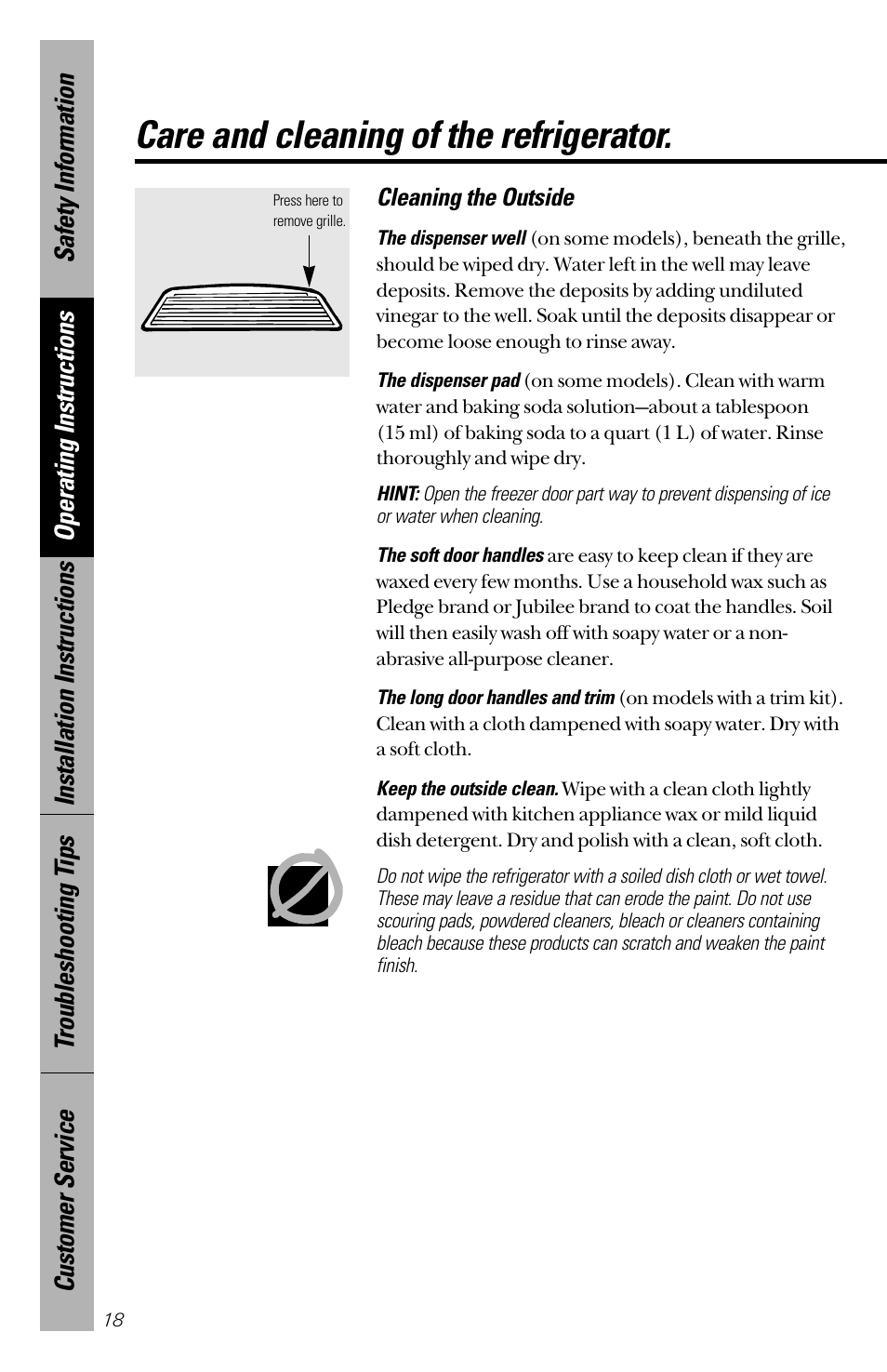 Care and cleaning, Care and cleaning –22, Care and cleaning of the refrigerator | GE 28 User Manual | Page 18 / 136