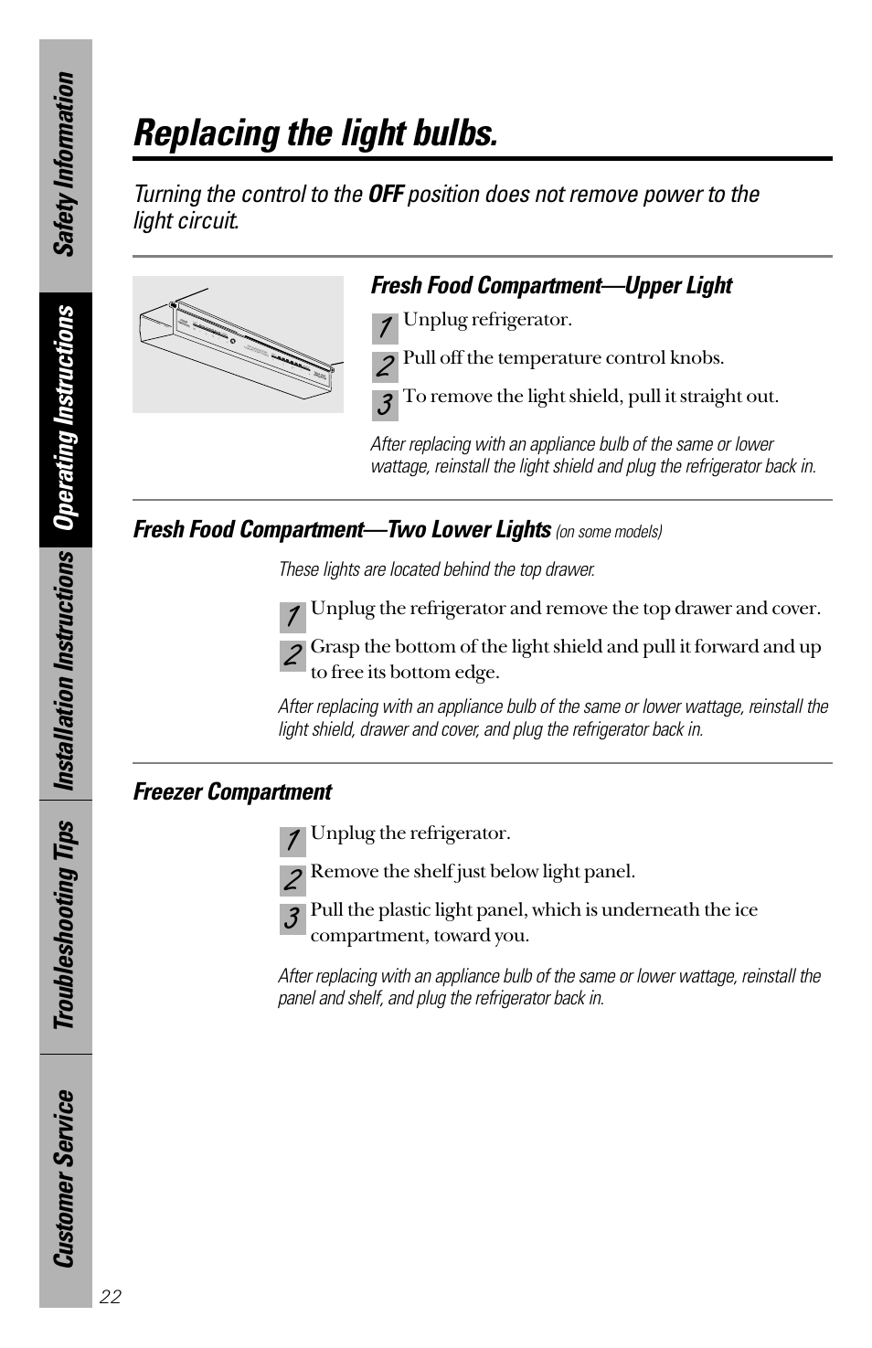 Replacing the light bulbs, Freezer compartment, Fresh food compartment—two lower lights | GE 28 User Manual | Page 22 / 136