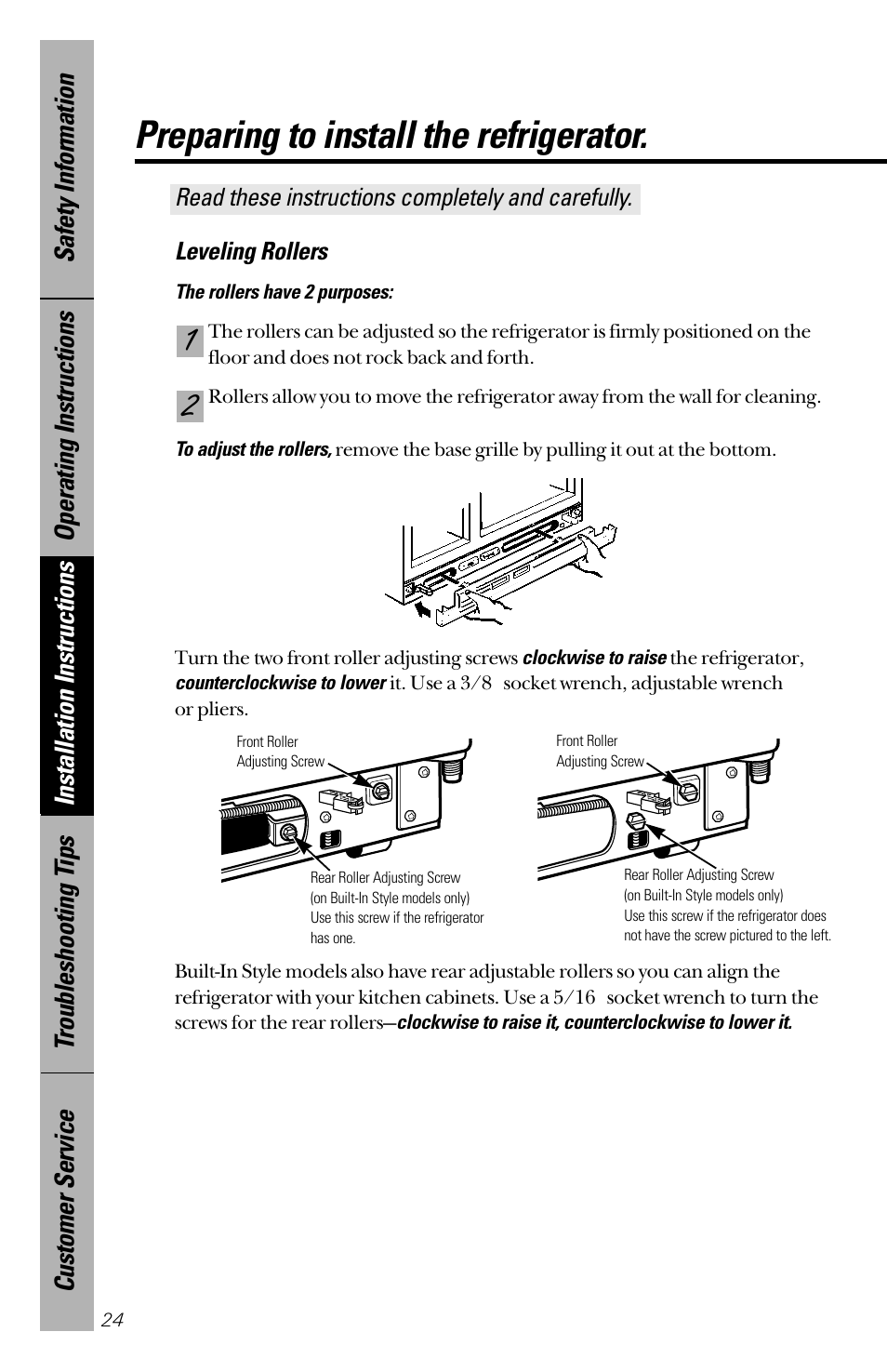Preparing to install the refrigerator | GE 28 User Manual | Page 24 / 136