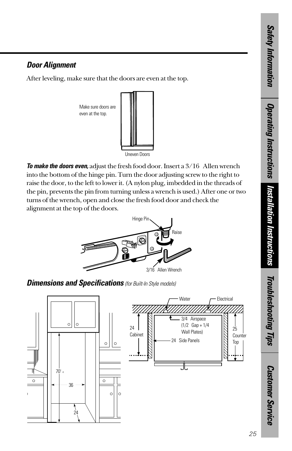 Door alignment, Dimensions and specifications | GE 28 User Manual | Page 25 / 136