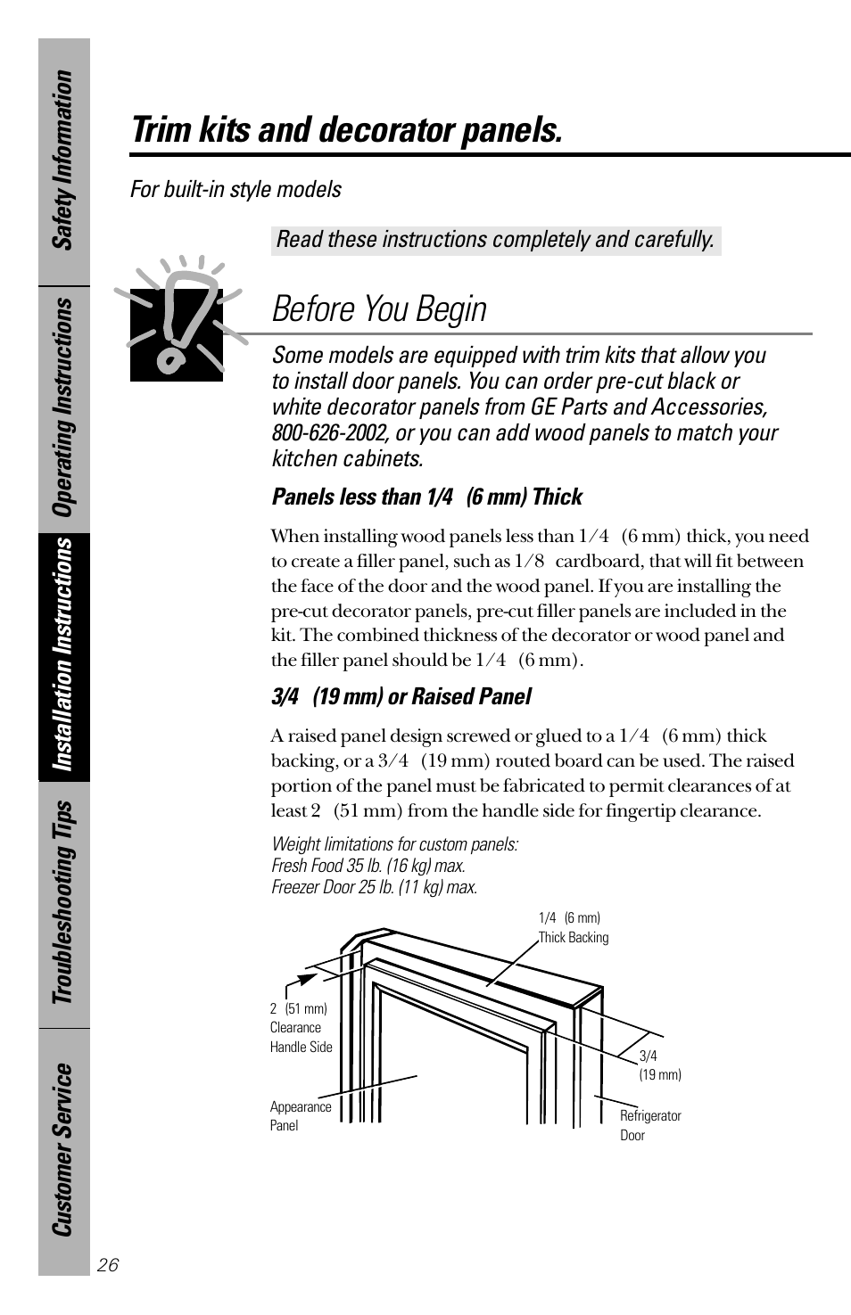 Trim kits and decorator panels, Trim kits and decorator panels –31, Before you begin | Read these instructions completely and carefully, 3/4 ″ (19 mm) or raised panel, For built-in style models | GE 28 User Manual | Page 26 / 136