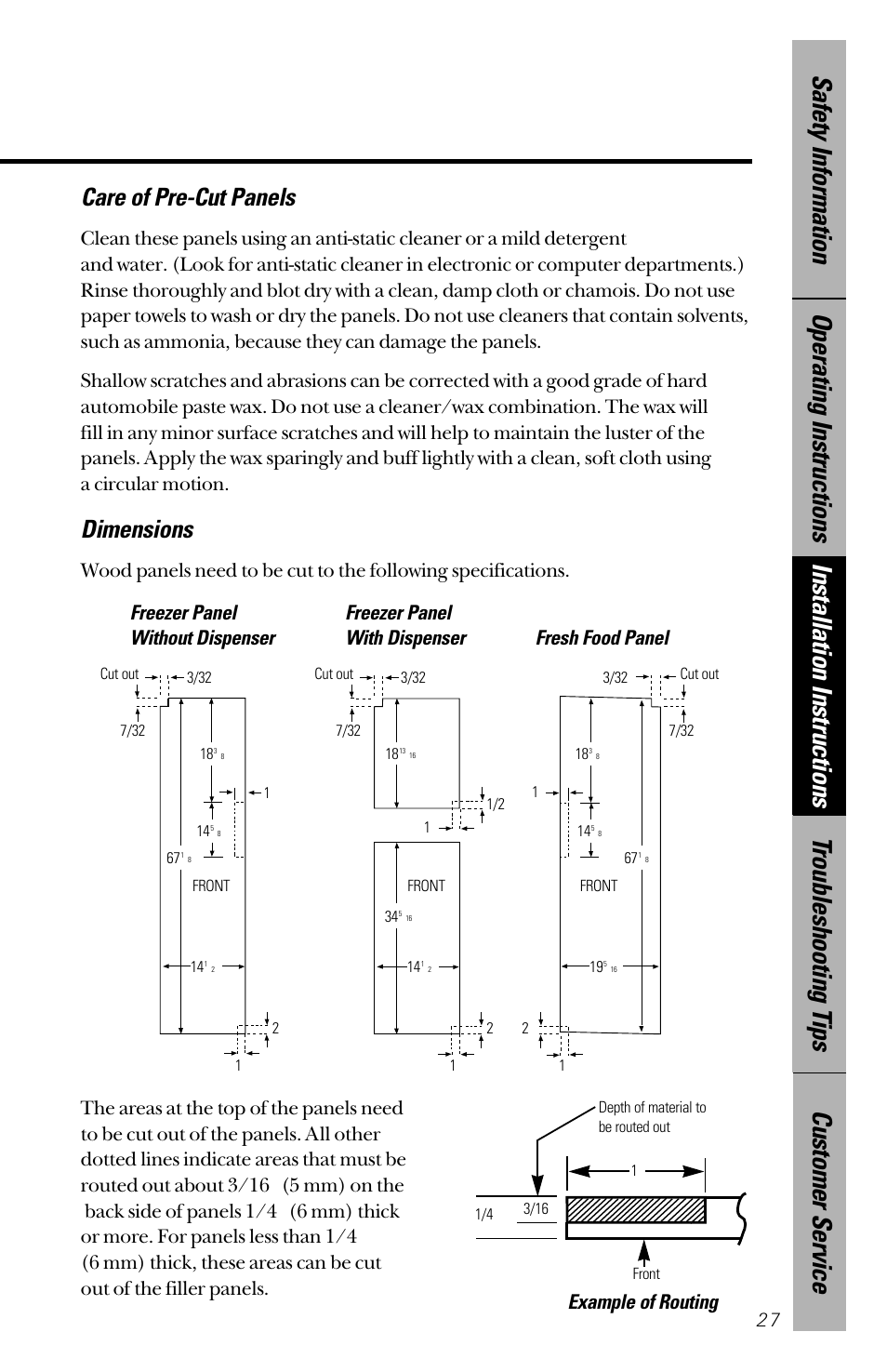 Dimensions, Care of pre-cut panels | GE 28 User Manual | Page 27 / 136