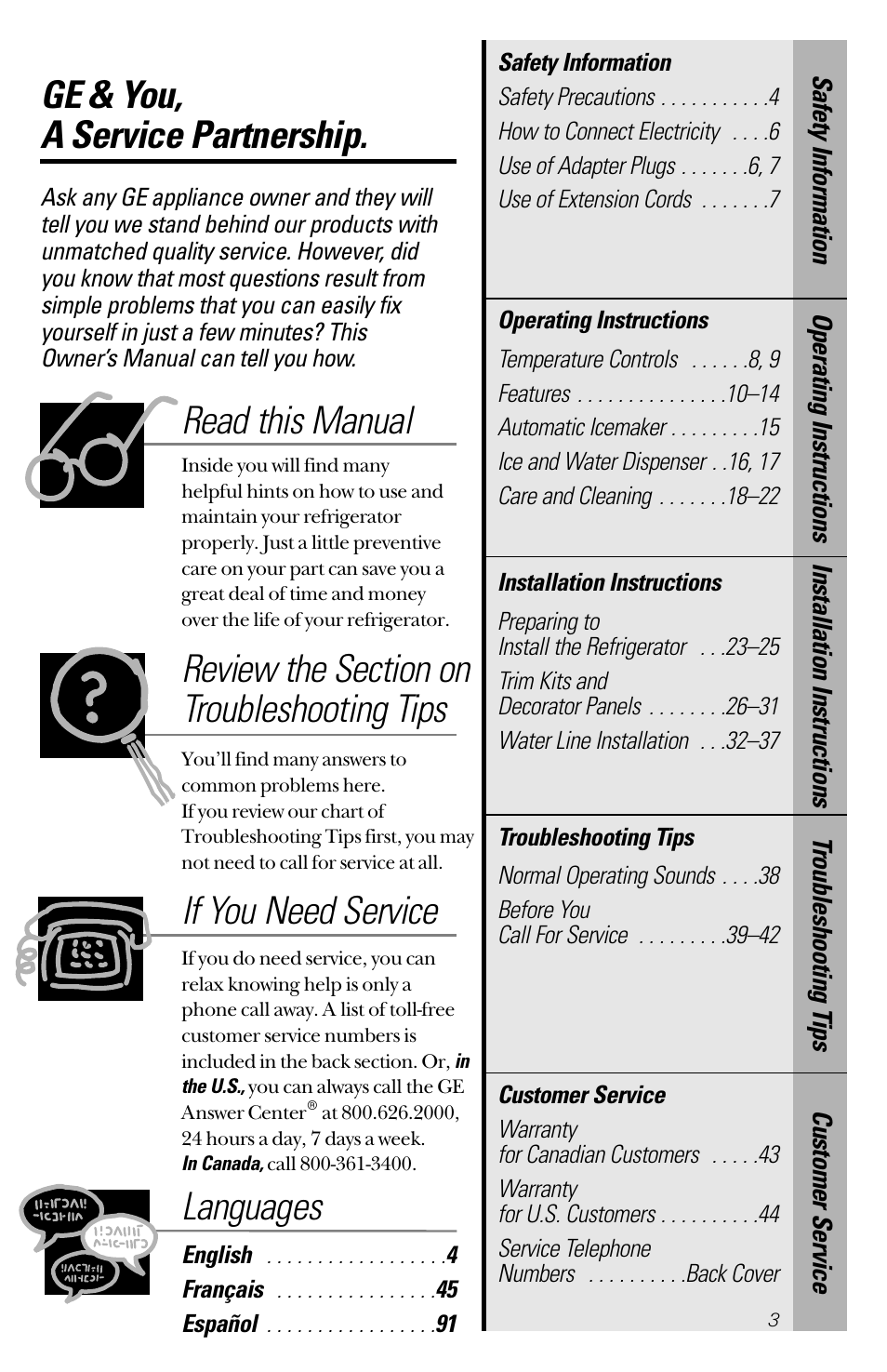 Ge & you, a service partnership, Read this manual, If you need service | Languages | GE 28 User Manual | Page 3 / 136