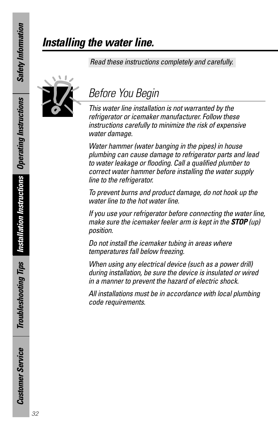 Water line installation, Water line installation –37, Installing the water line | Before you begin | GE 28 User Manual | Page 32 / 136