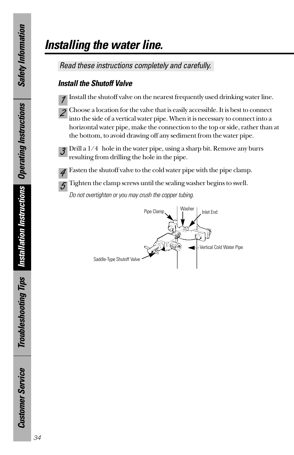 Installing the water line | GE 28 User Manual | Page 34 / 136