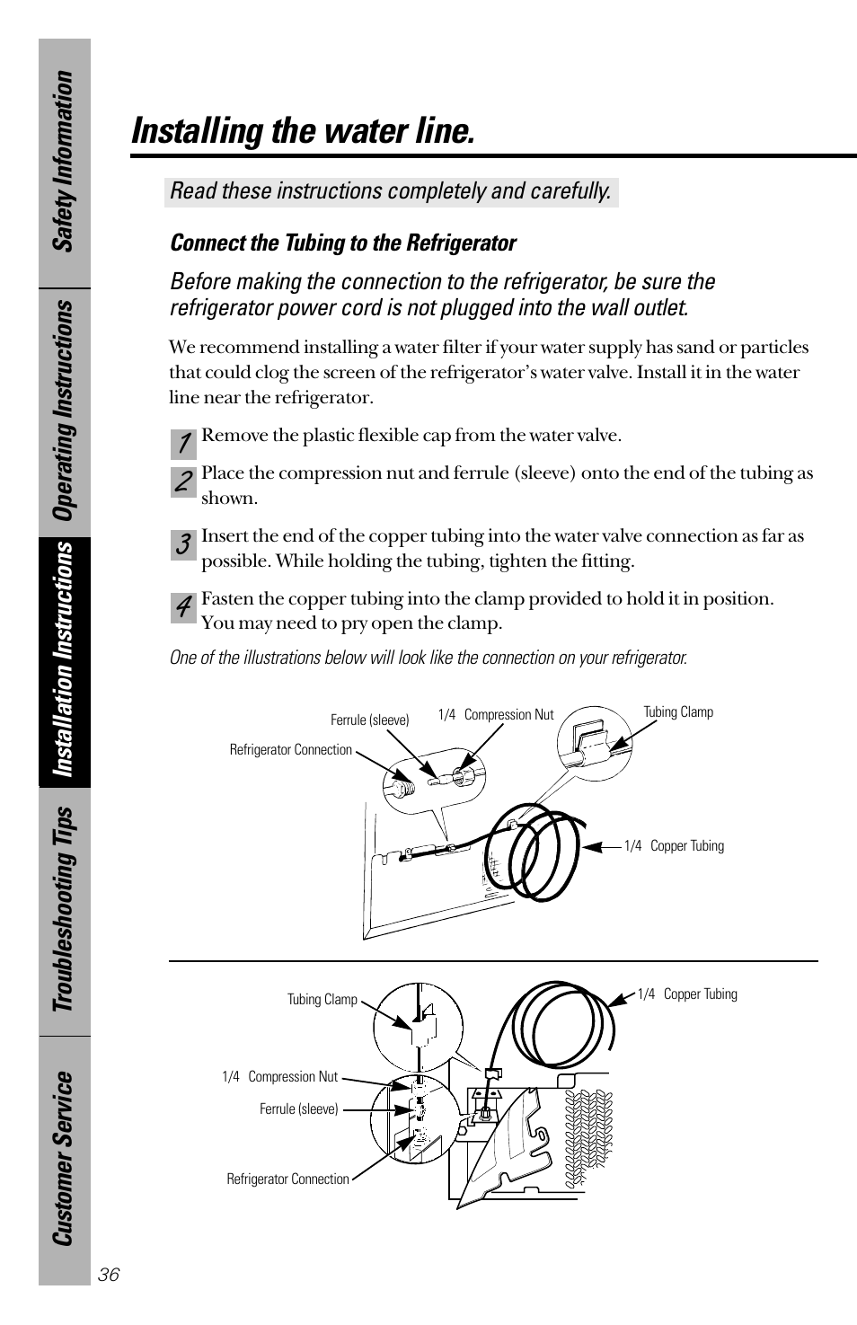 Installing the water line | GE 28 User Manual | Page 36 / 136