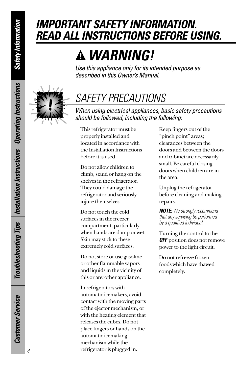 Safety precautions, English, Safety information safety precautions | Warning | GE 28 User Manual | Page 4 / 136
