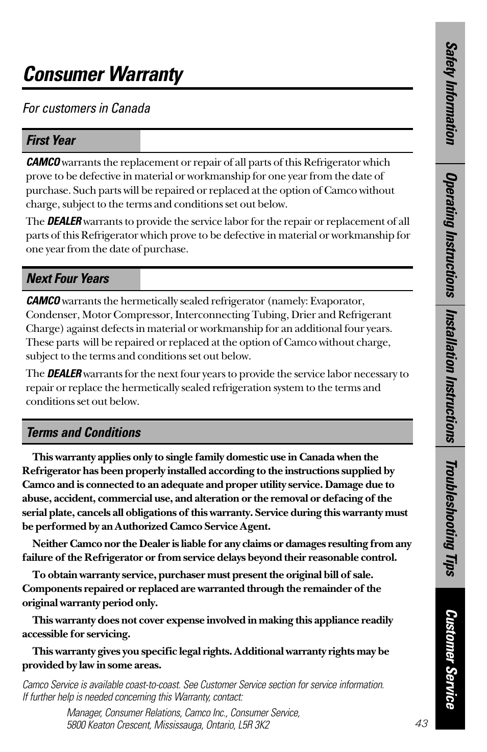 Warranty for canadian customers, Customer service warranty for canadian customers, Consumer warranty | For customers in canada, Terms and conditions next four years, First year | GE 28 User Manual | Page 43 / 136