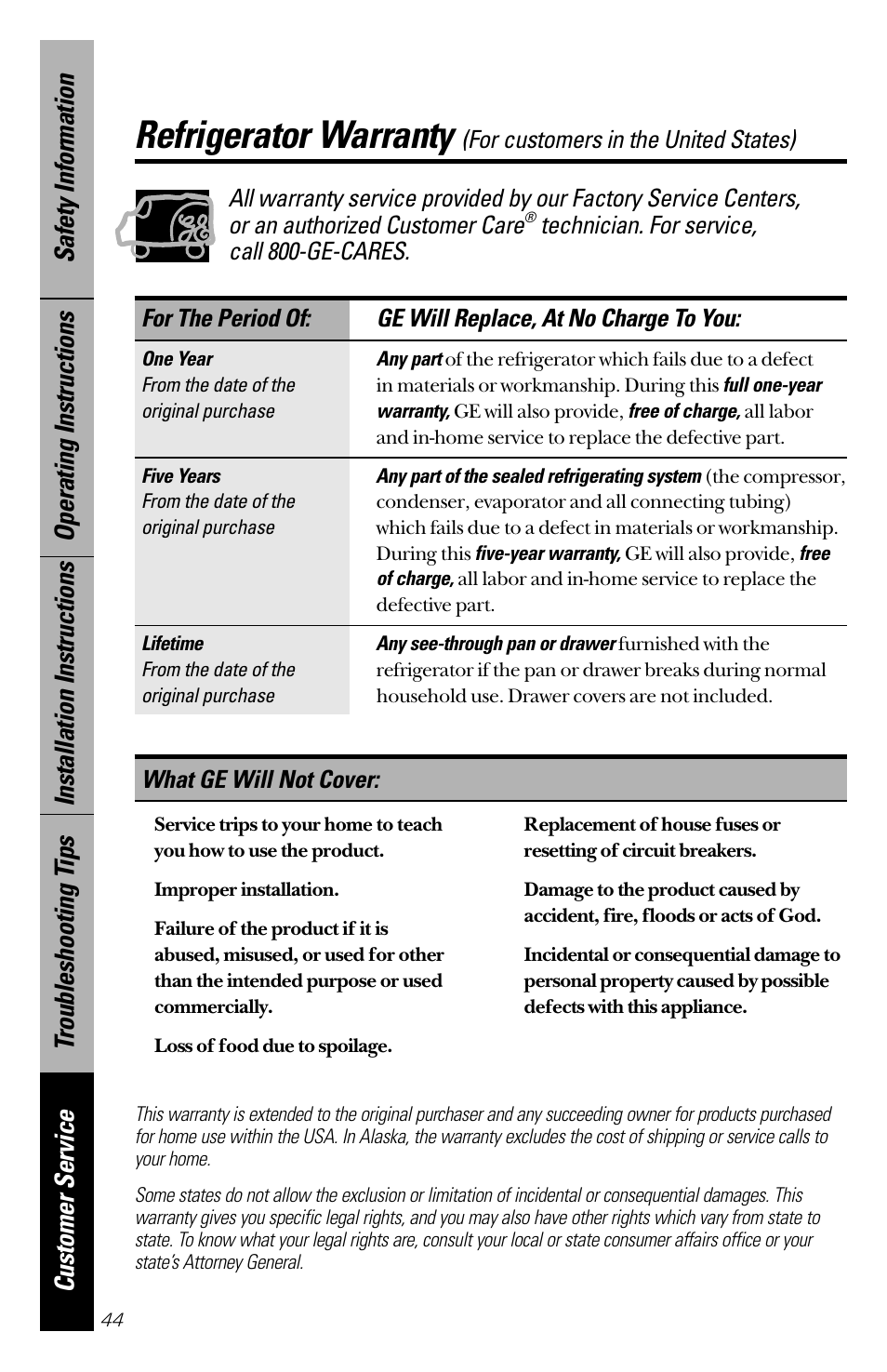 Warranty for u.s. customers, Refrigerator warranty, Technician. for service, call 800-ge-cares | What ge will not cover | GE 28 User Manual | Page 44 / 136