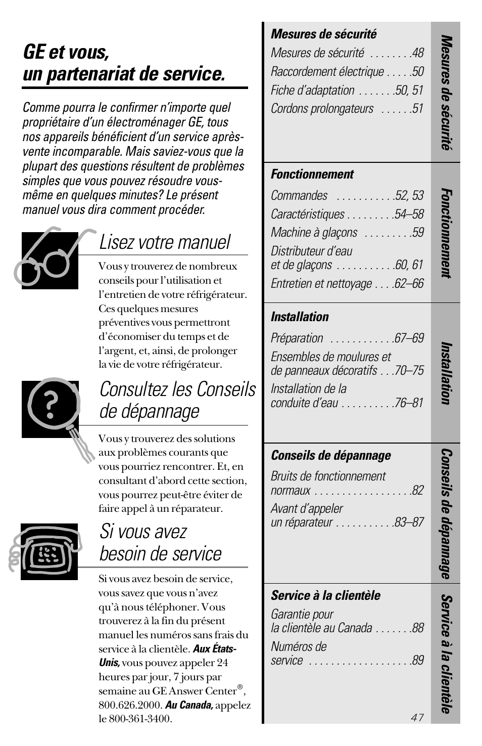 Ge et vous, un partenariat de service, Lisez votre manuel, Consultez les conseils de dépannage | Si vous avez besoin de service | GE 28 User Manual | Page 47 / 136