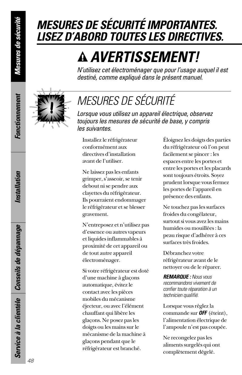 Avertissement, Mesures de sécurité | GE 28 User Manual | Page 48 / 136
