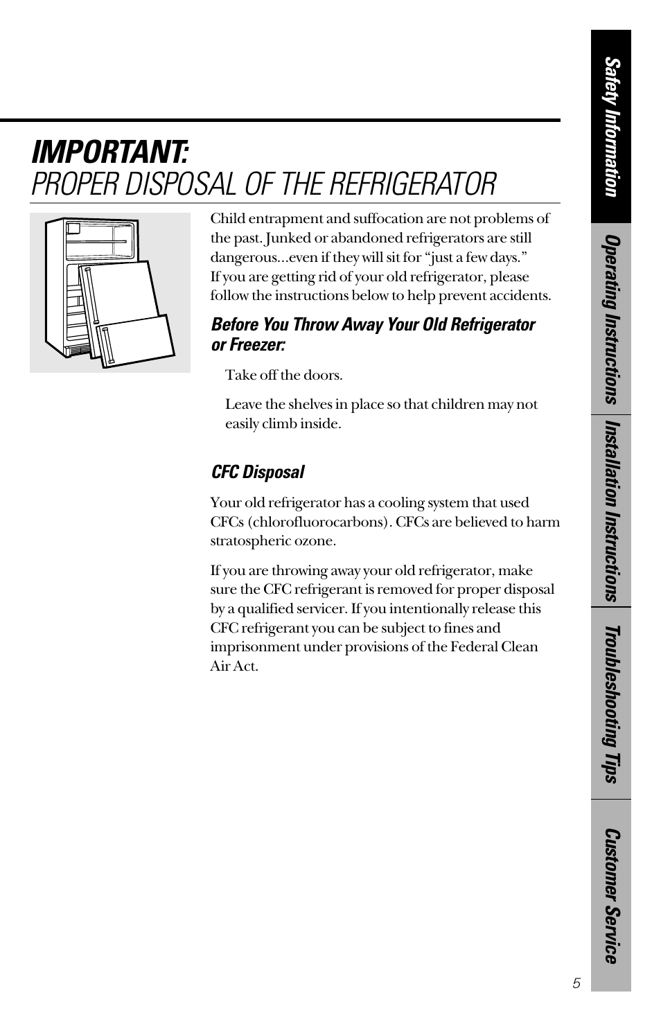 Important: proper disposal of the refrigerator | GE 28 User Manual | Page 5 / 136